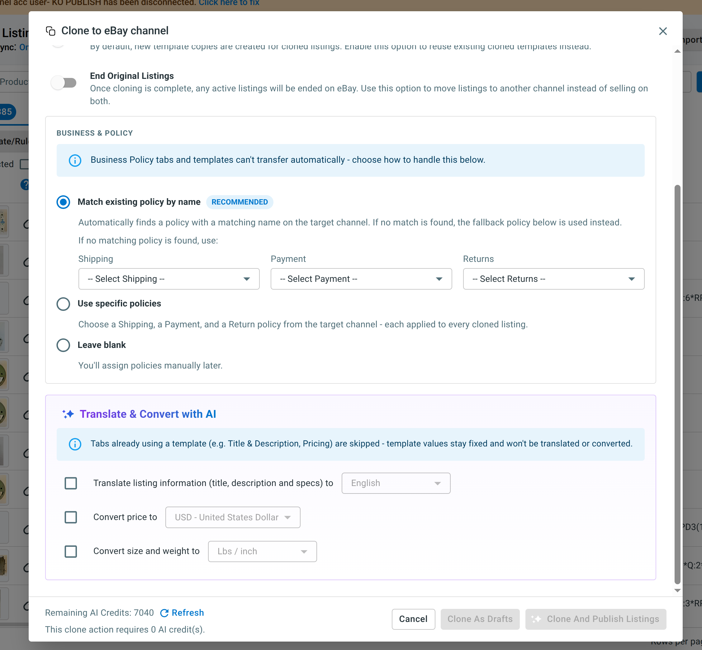 Clone eBay listings and templates to another eBay channel in LitCommerce