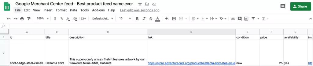 Google Sheets product feed
