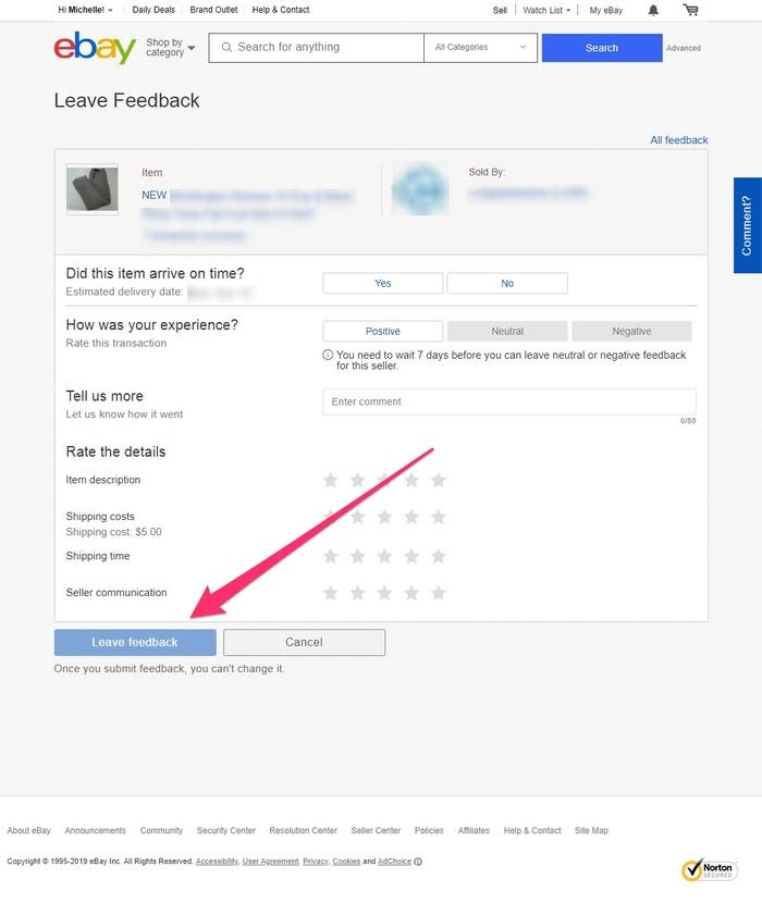 ebay product review - choose leave feedback