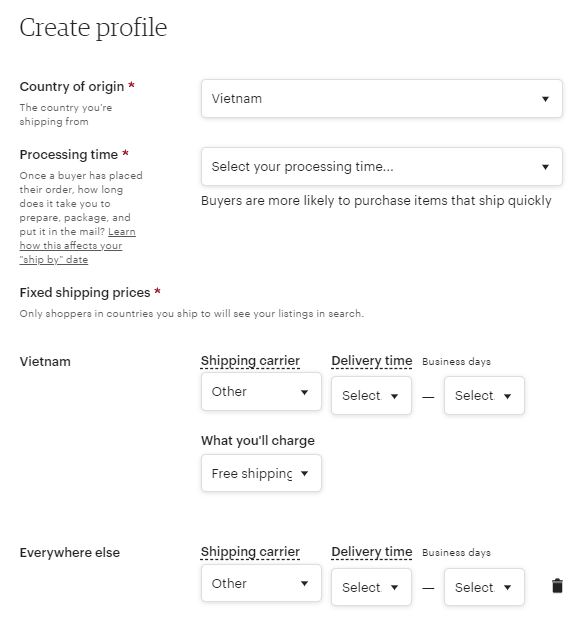 Create shipping profile on Etsy
