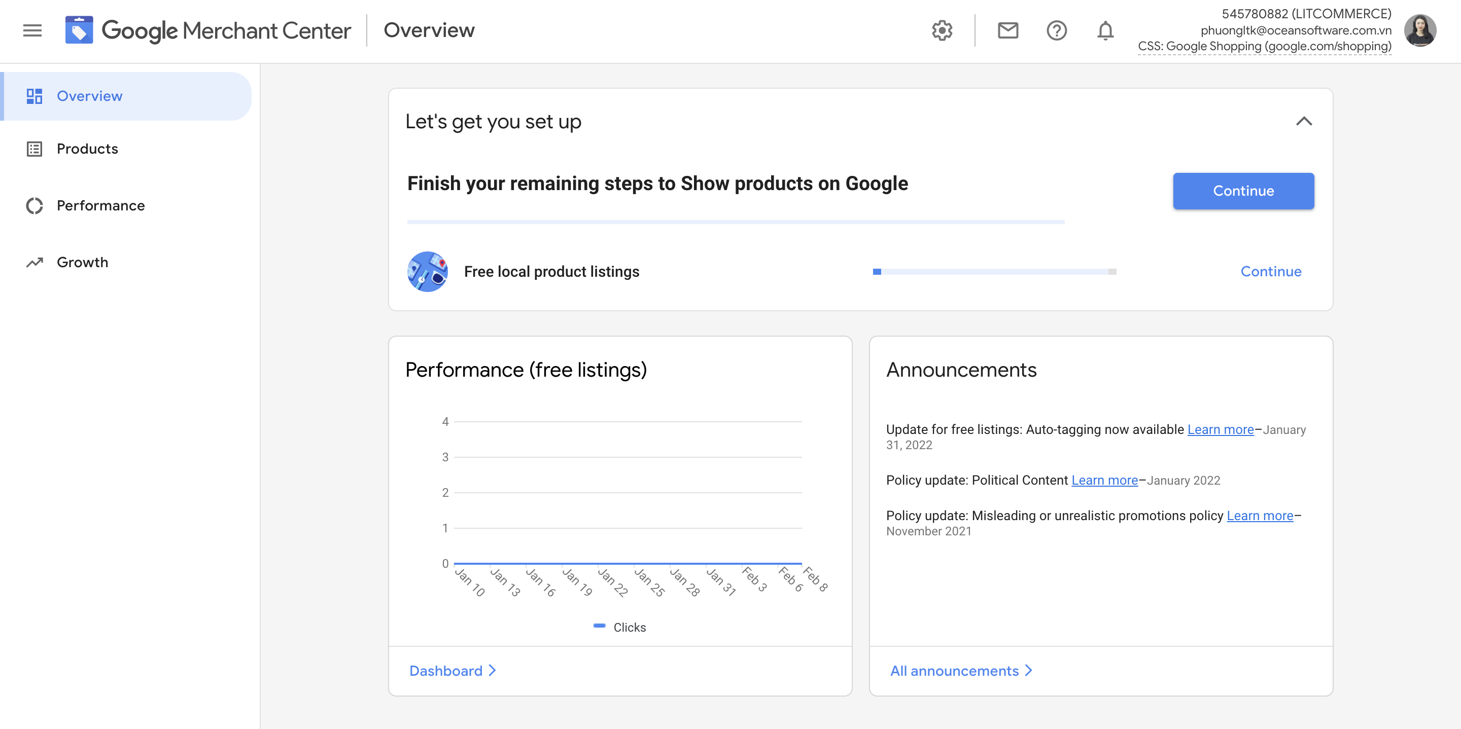 Google Merchant Center dashboard