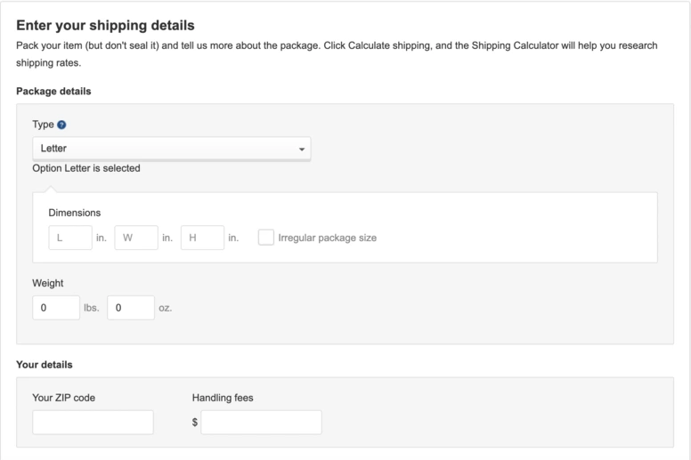 Enter item details to use the eBay shipping calculator - how to ship on ebay 