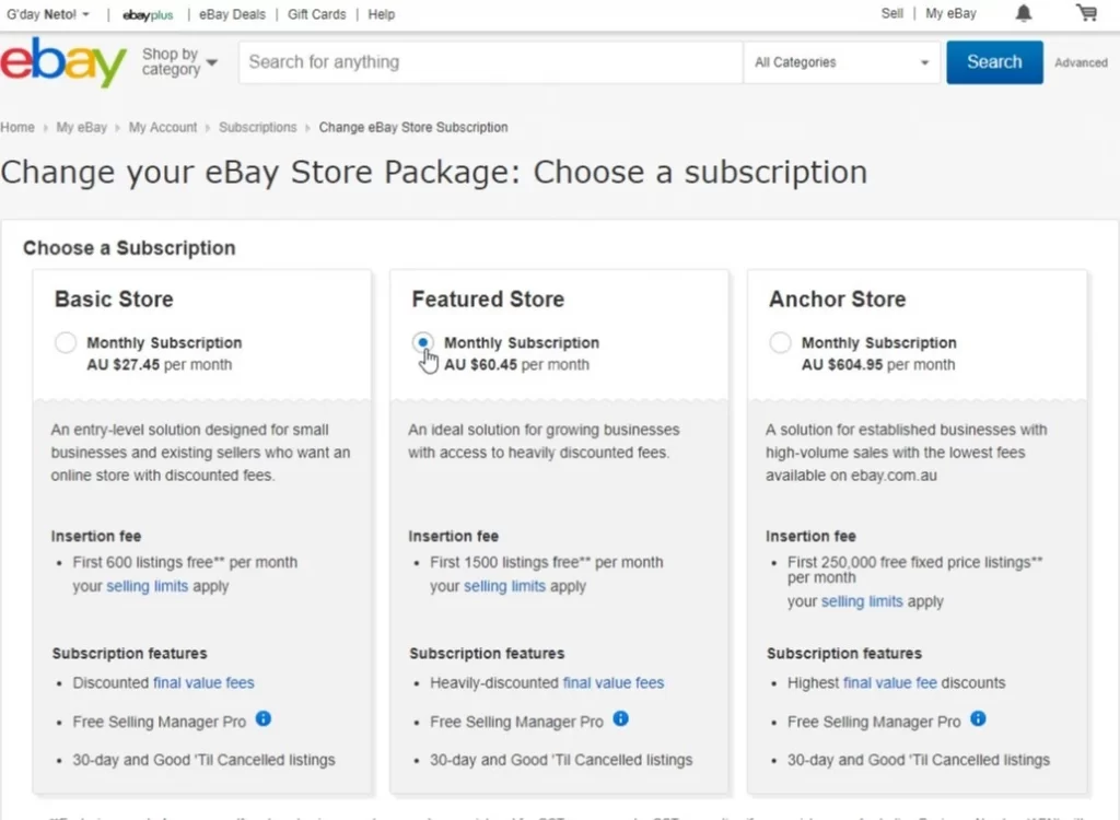 Choose an eBay subscription plan