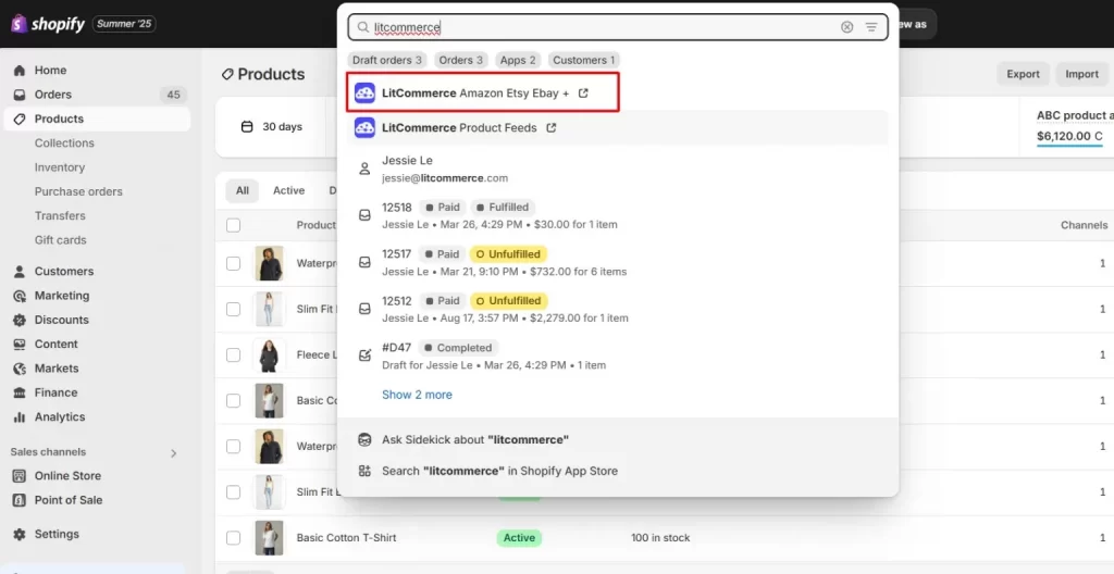 How to sell on TikTok with Shopify4 LitCommerce in the search bar on Shopify dashboard.