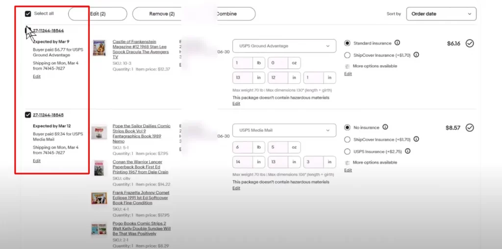 check items to combine shipping