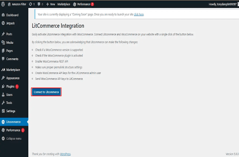 connect to litcommerce on woocommerce