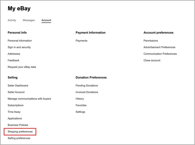 ebay shipping preferences