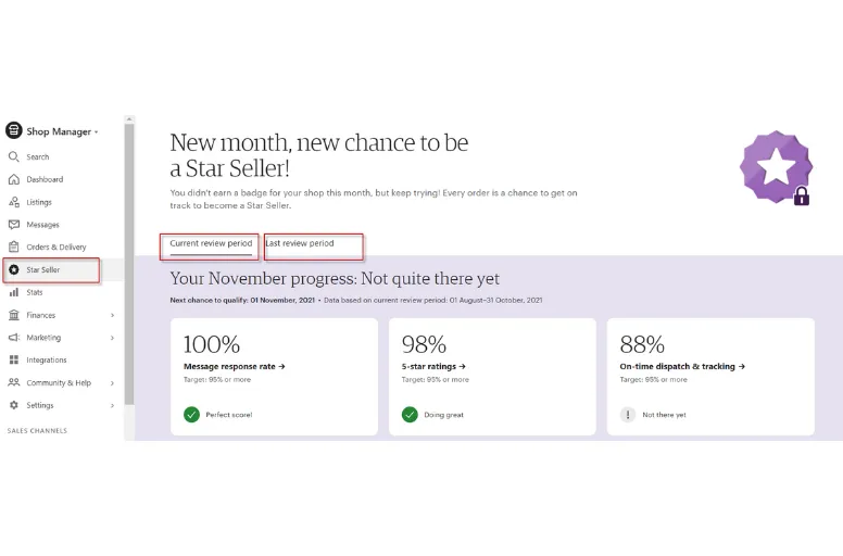 How does Etsy evaluate sellers for star seller badges?

