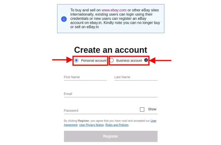 Create a personal account or Business account option