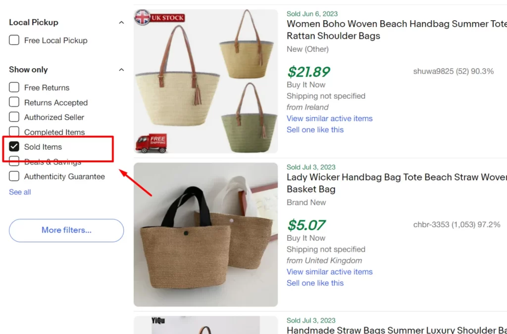 Using filter to see sold items on eBay web