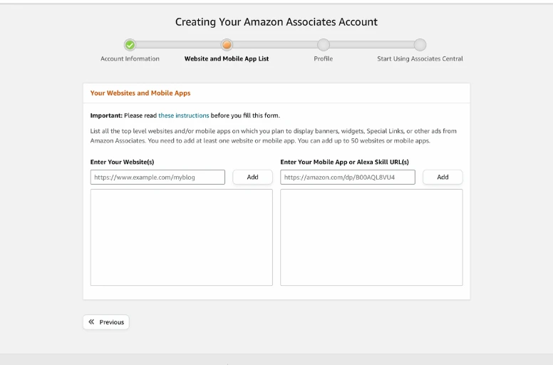Set up an Amazon associate account - Enter websites and mobile apps