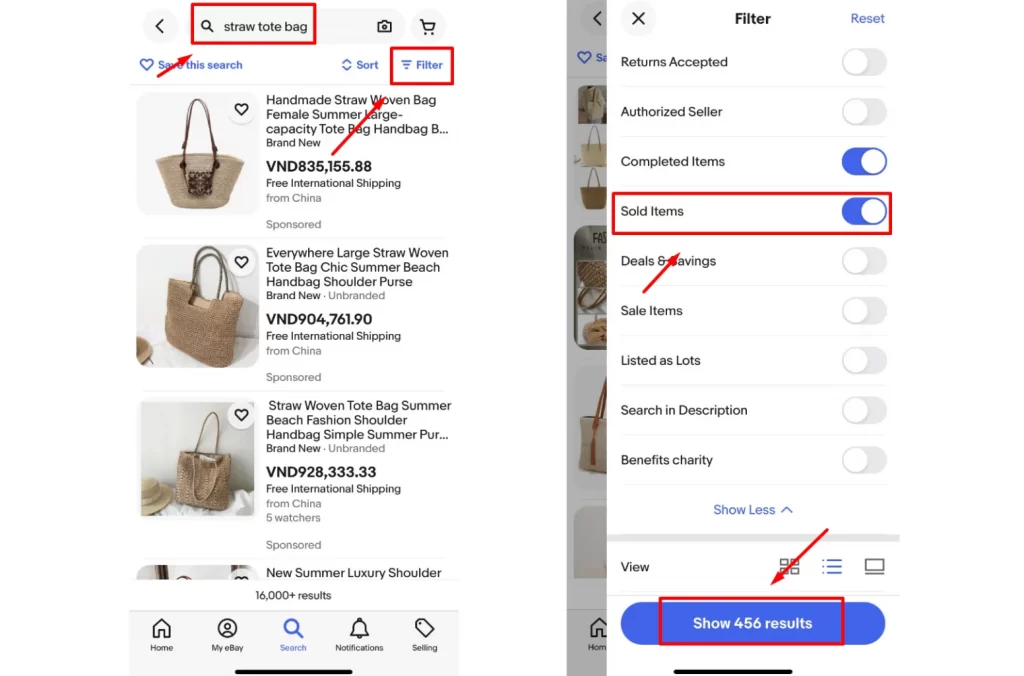 Using filter to see sold items on eBay app