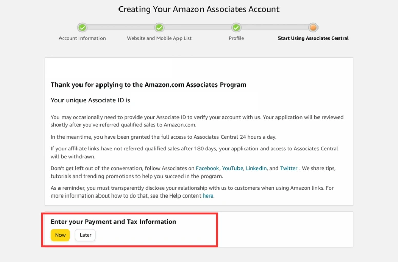 Set up an Amazon associate account - Enter Payment and Tax information
