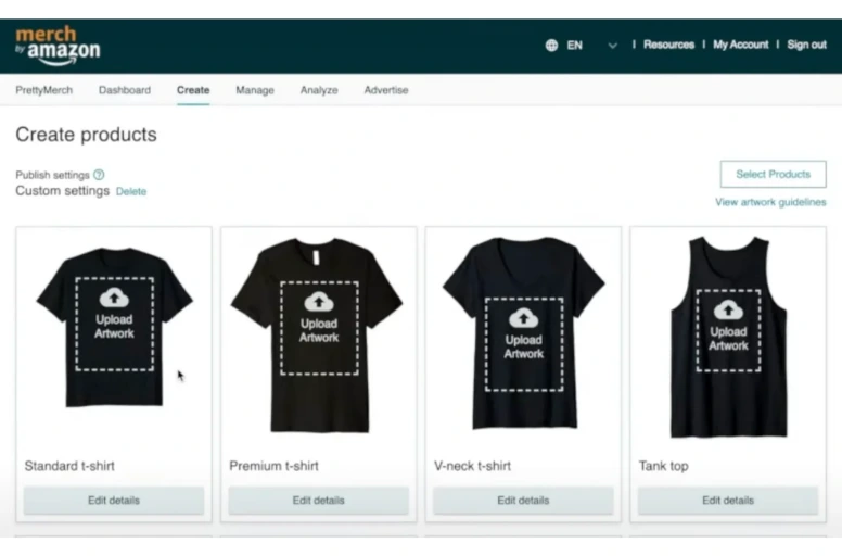 Create products with your artwork on Amazon Merch platform
