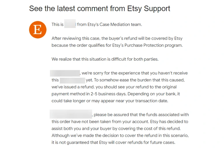 Eligible case for seller to use Etsy seller protection program
