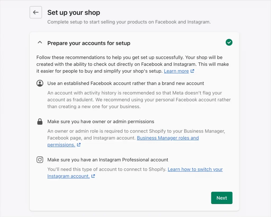 Basic requirements for Shopify and Facebook integration