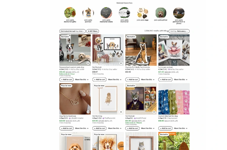 Pets-related products on Etsy