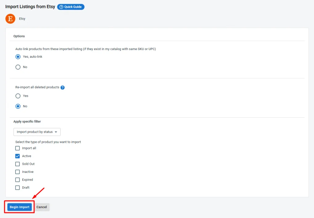 Filter which Etsy products you want to import Filter which Etsy products you want to import