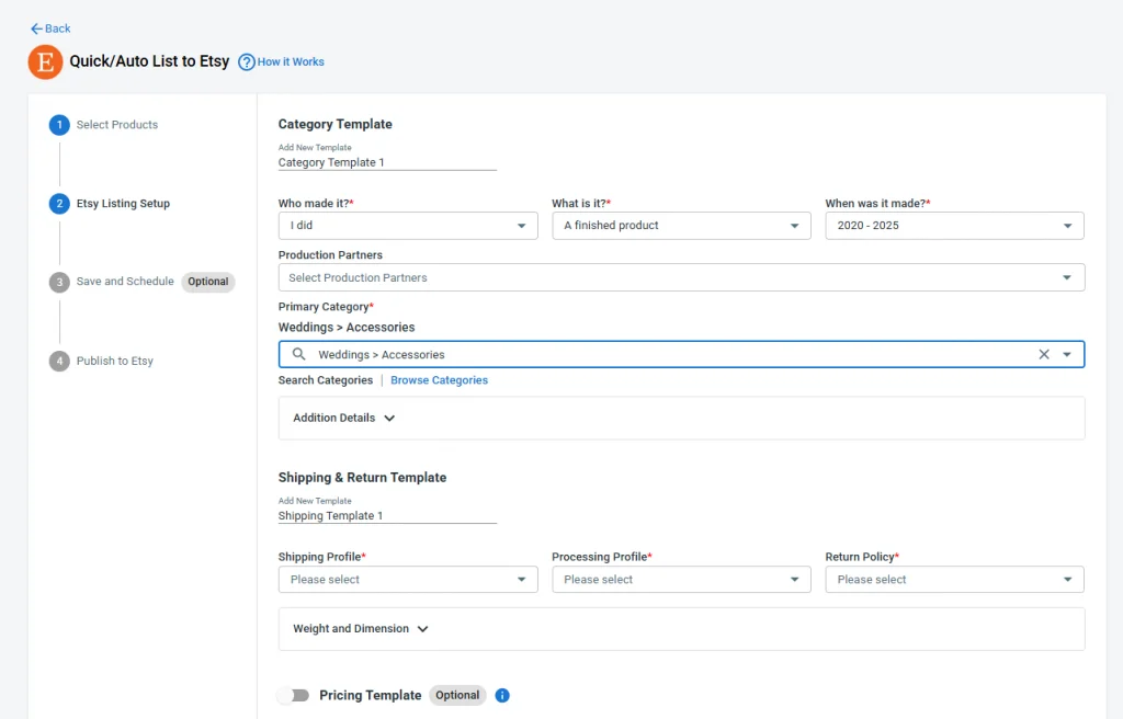Set up Etsy listings Set up multiple Etsy listings at once