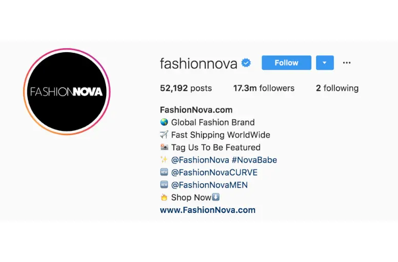 Fashionnova Instagram bio example