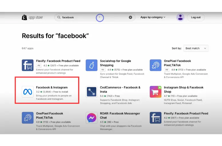 Search for Facebook and Instagram app