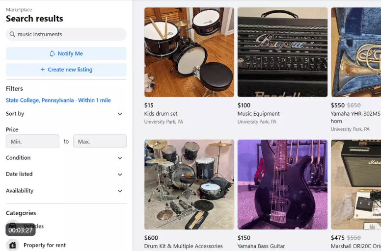 Sell your music gear for free in the nearby area with Facebook Marketplace