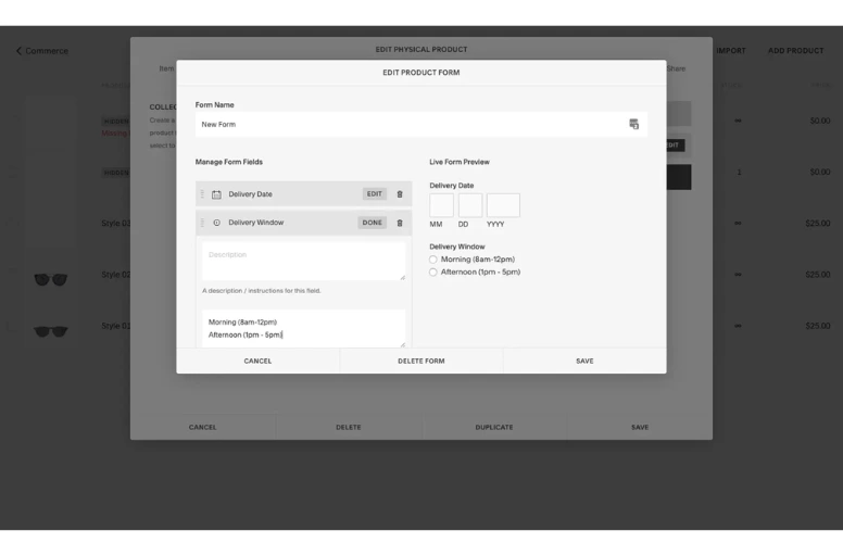 Squarespace product form feature