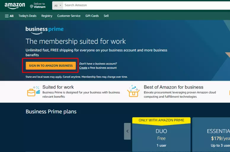 Click on “Sign In to Amazon Business" and follow the on-screen instructions to sign up for a Business Prime account