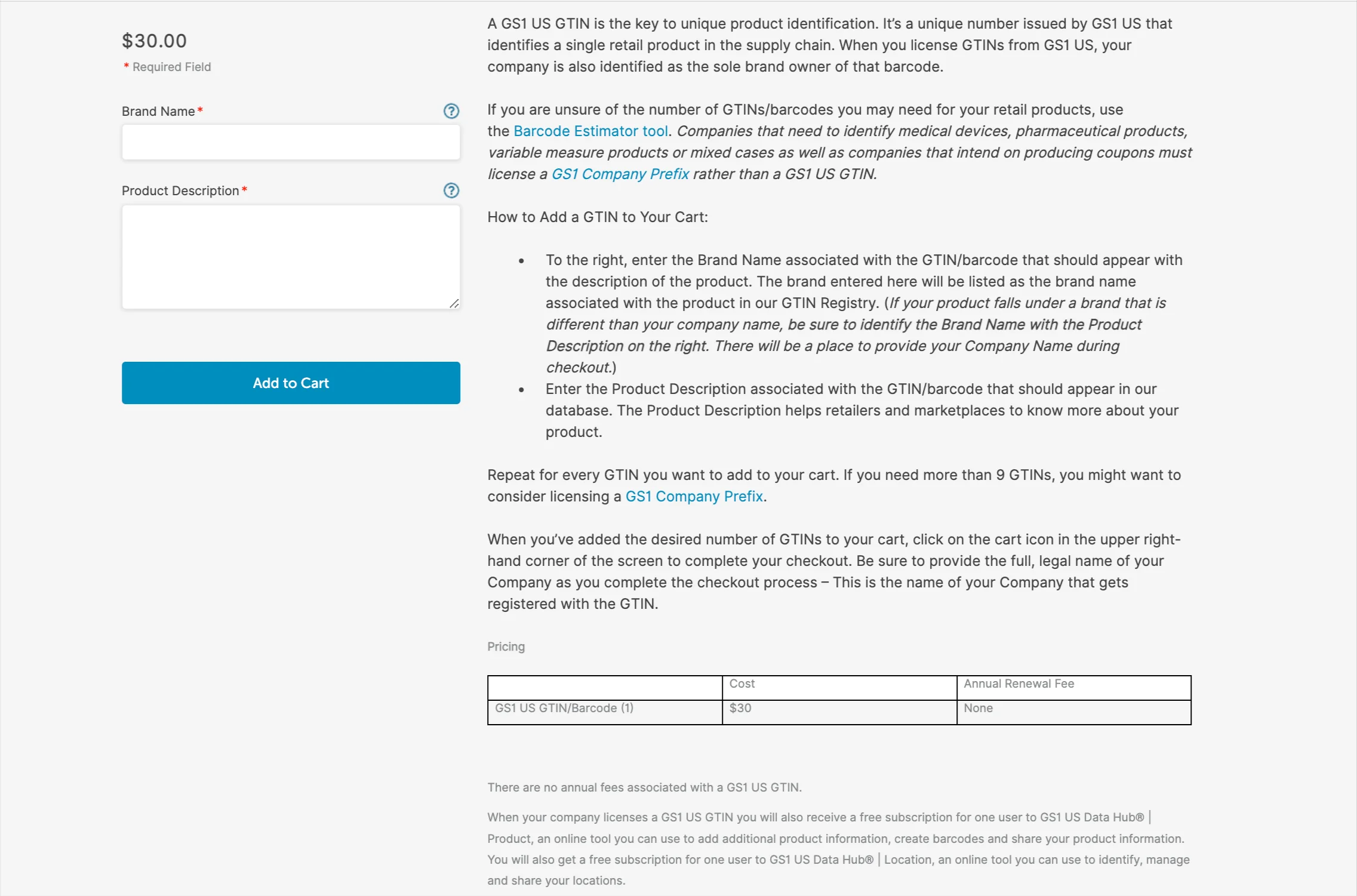 Enter information to get UPC codes in the check-out page on GS1