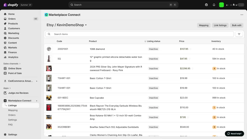 Shopify Marketplace Connect dashboard