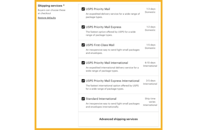 Shipping services - list an item on etsy 