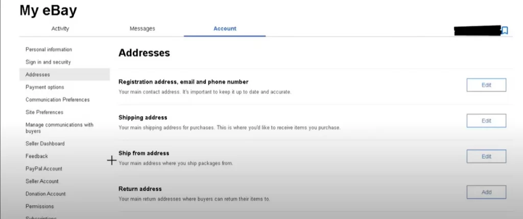 change shipping addresses on eBay