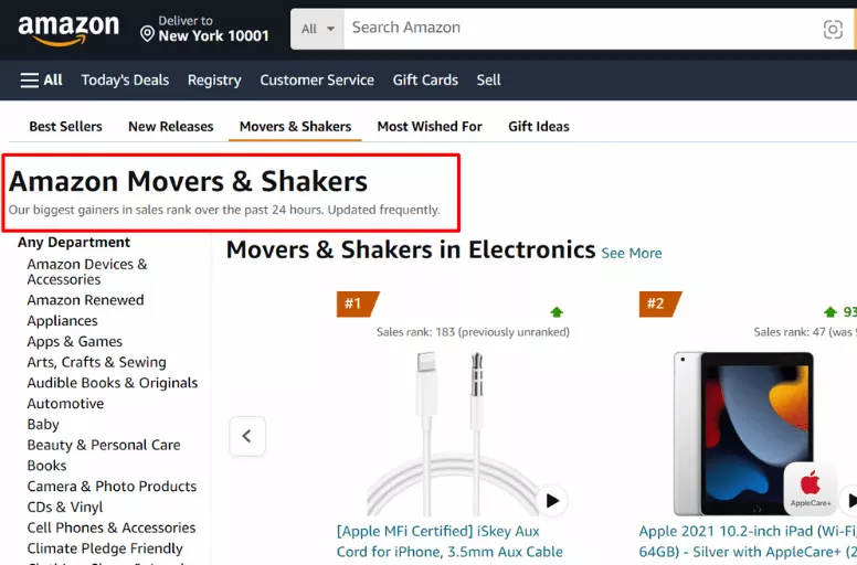 Amazon’s Movers and Shakers list is a good place to research items to dropship on Amazon