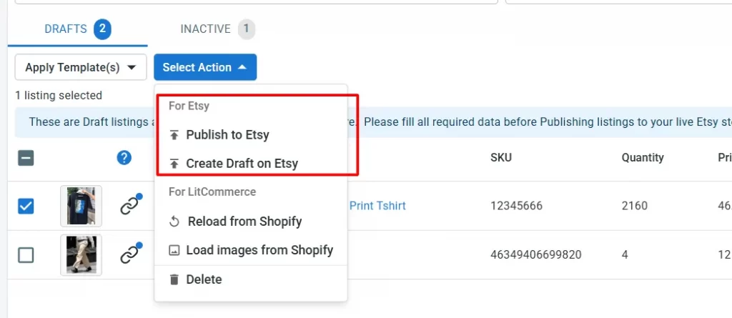 publish or create draft on etsy