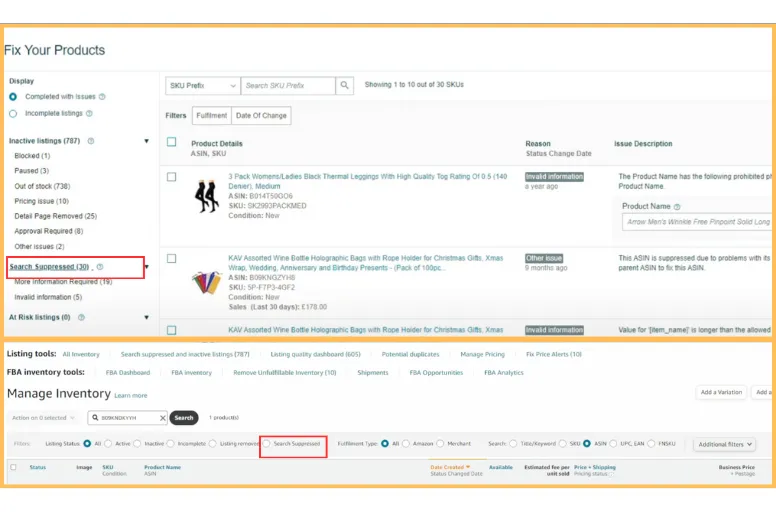 Find the Amazon suppressed listings