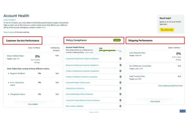 Amazon Performance Metrics - Account health rating