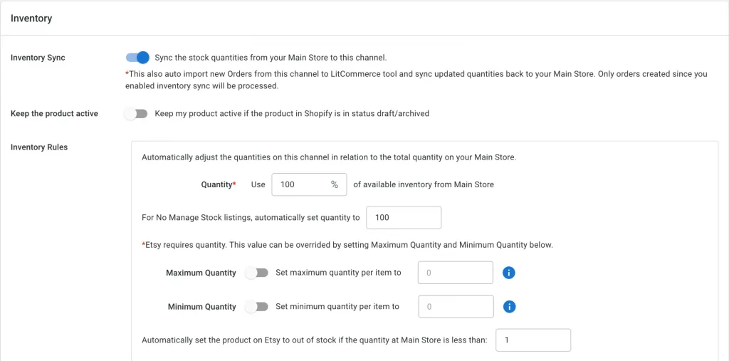 set up inventory rule in LitCommerce