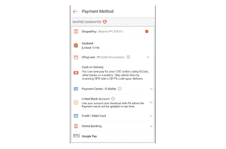 Shopee features - secure payment methods