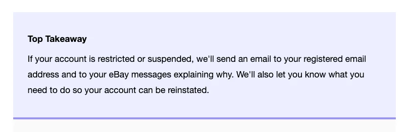 eBay confirms that they will send email to explain why your eBay account is suspended