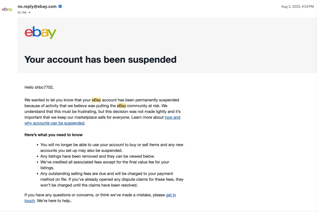 eBay account suspended