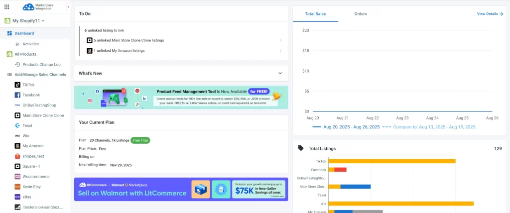 LitCommerce left-side bar menu showing all the platform connected - LitCommerce vs Sellbrite 
