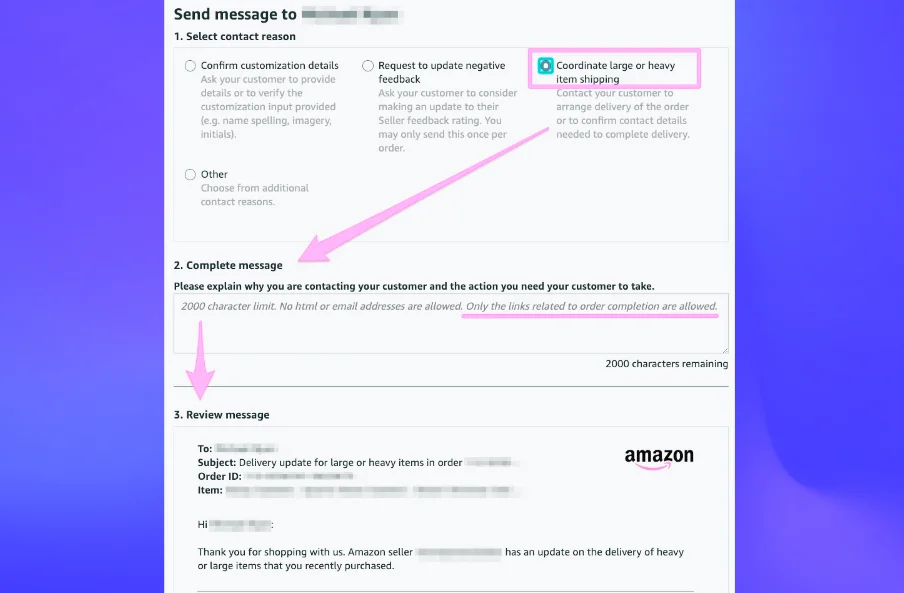 using Amazon’s templates in the ‘Contact Buyer’ section within Seller Central