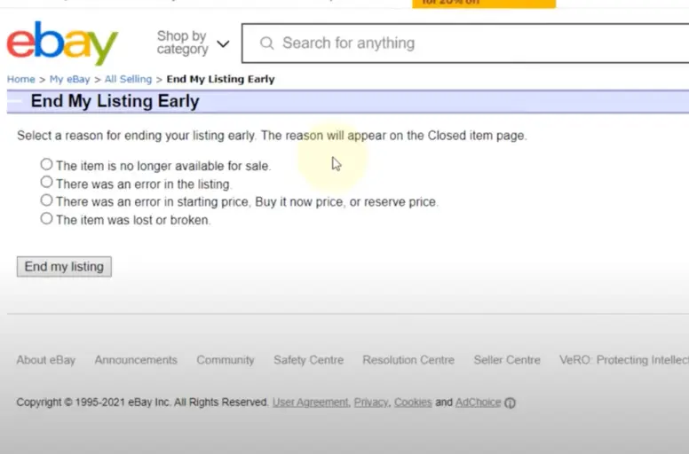 Choose a reason and click the End my listing button