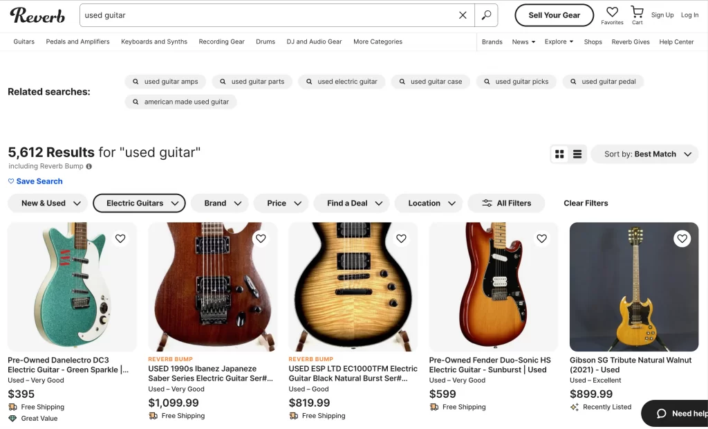 Many branded guitars are available for sale on Reverb