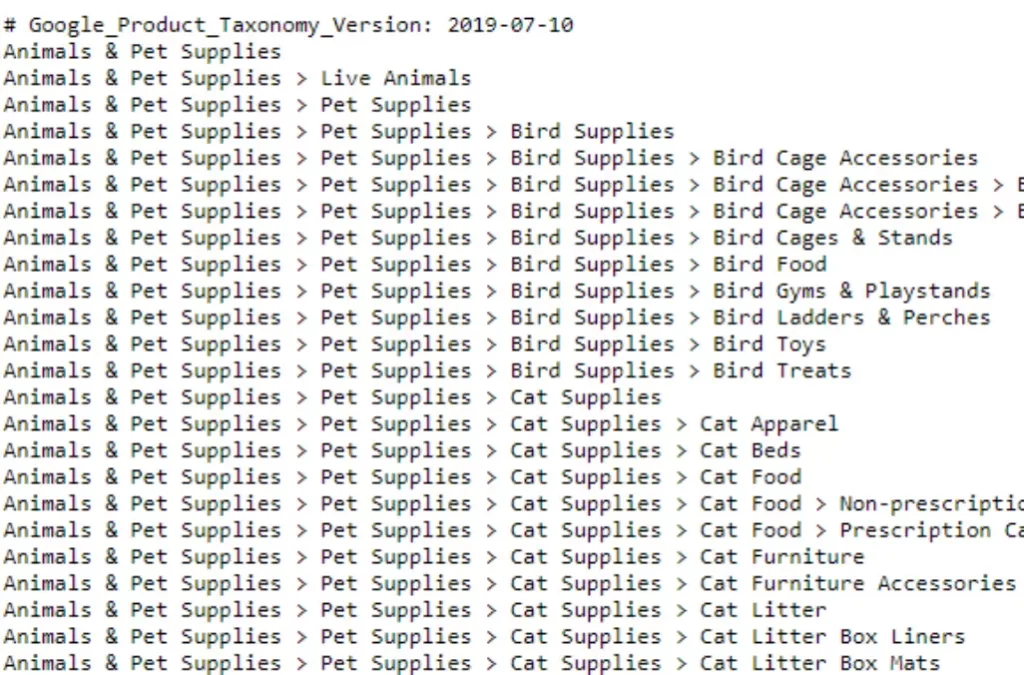 Structure of Google Product Categories