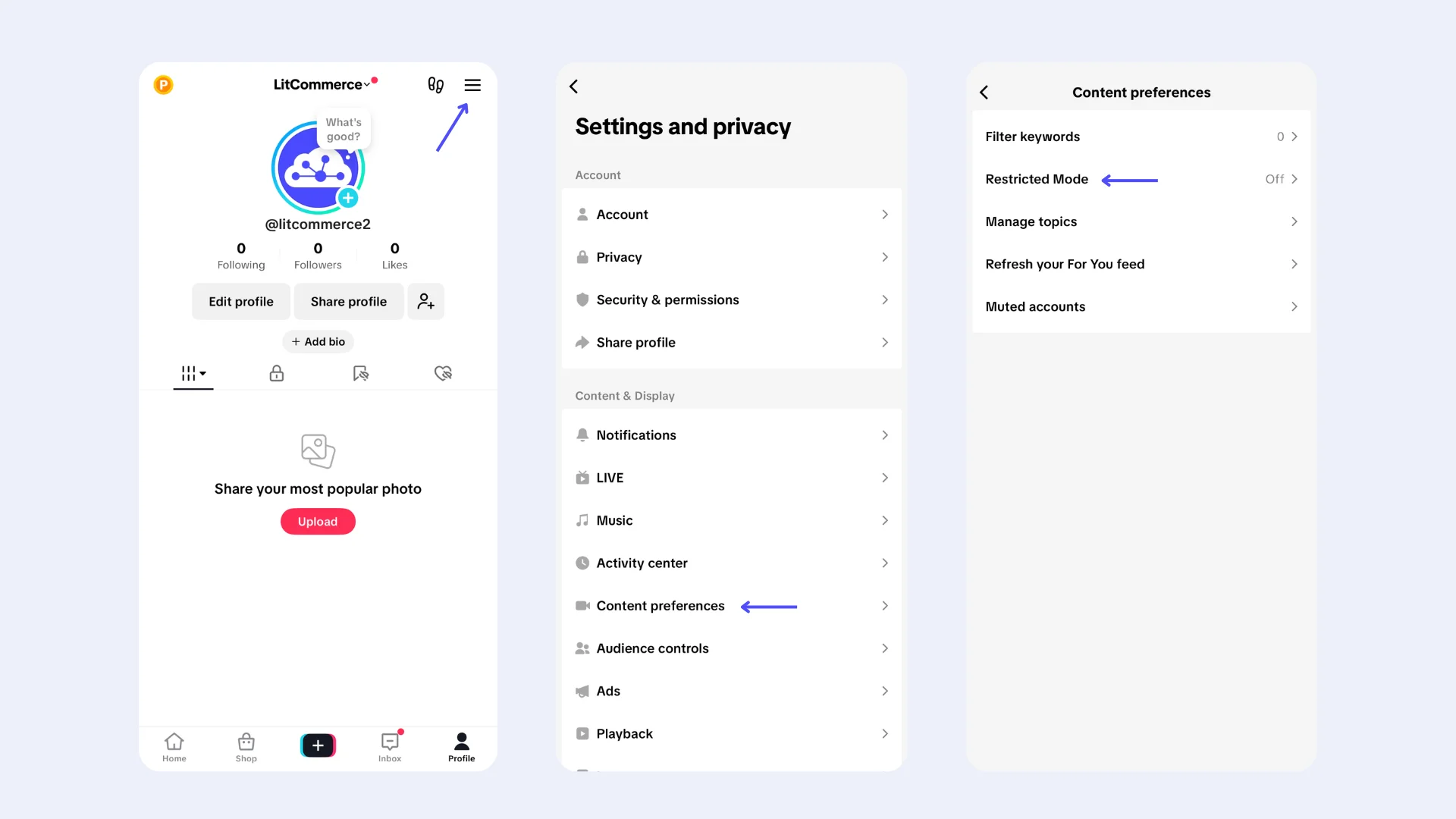 Steps to access restricted mode - how to turn off age restriction on tiktok
