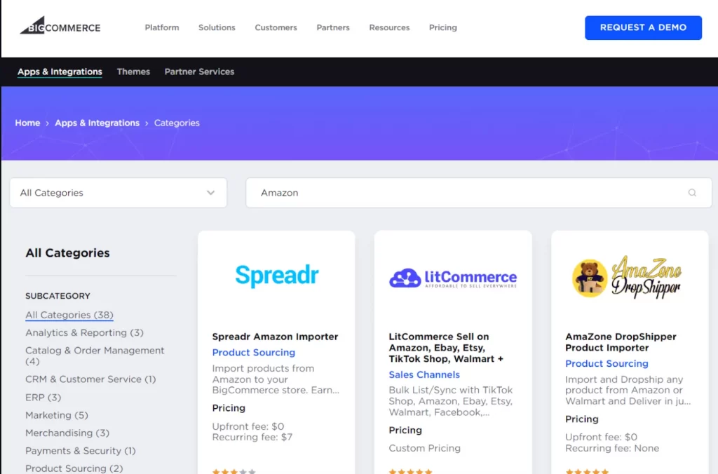 Search for Amazon on BigCommerce App