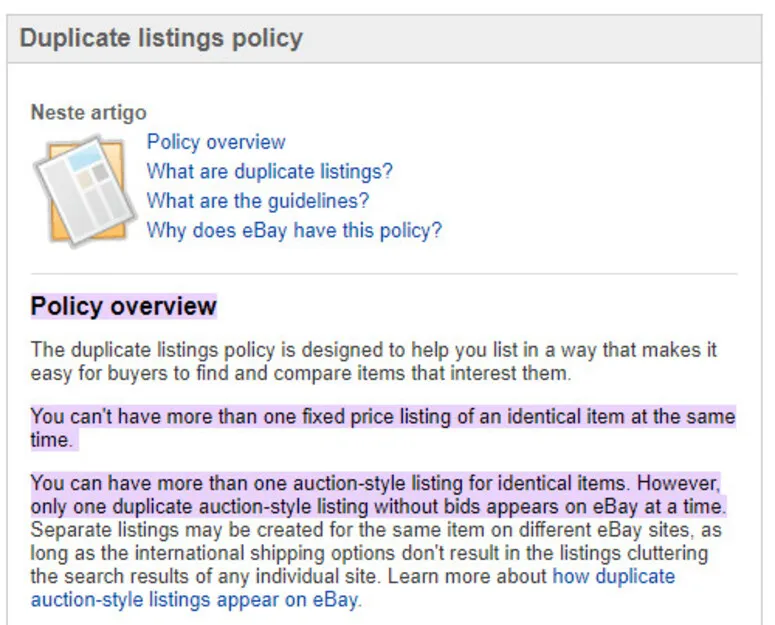 eBay duplicate listings policy