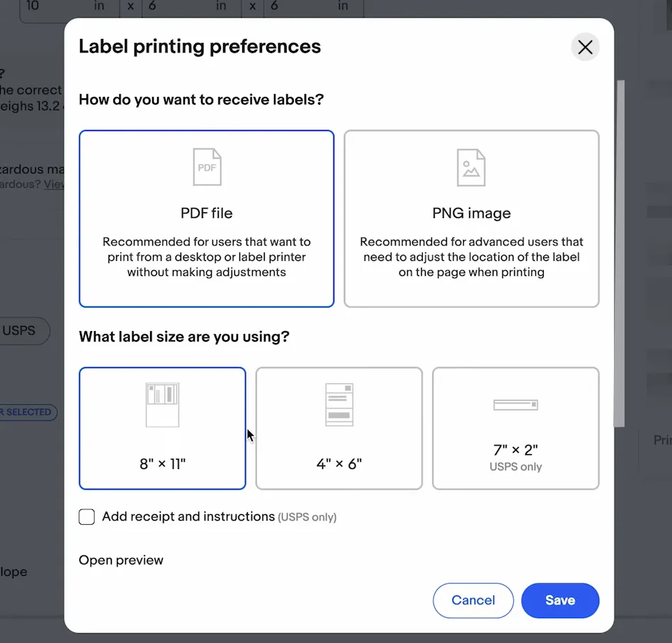 ebay label printing preferences