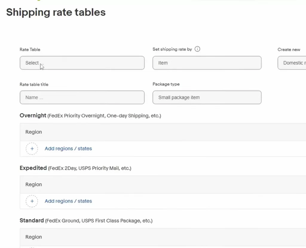 ebay shipping rate tables